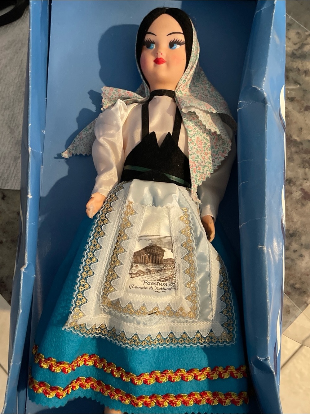 Traditional Blue Folk Doll with White Apron - Paestum Souvenir